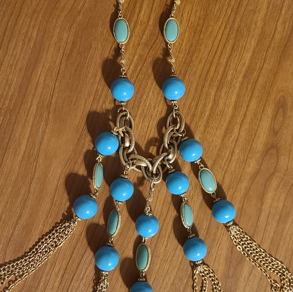 Golden Tassels & Faux Turquoise Statement Necklace - Picture 4 of 4